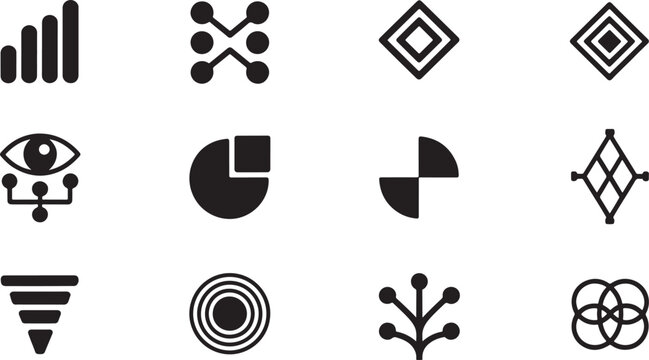 black vector silhouette icons including geometric shapes, abstract symbols, minimalist floral patterns, and complex mandalas isolated on a white background for design projects.