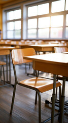 Fototapeta premium Empty classroom with wooden desks and chairs illuminated by warm sunlight through large windows.