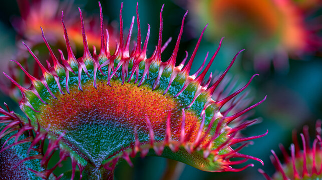 Dionaea muscipula Venus flytrap trigger hair extreme close-up, mechanosensory trichome base where epidermal cells compress at midrib hinge, serrate marginal cilia interlocking geometry, high magnifi