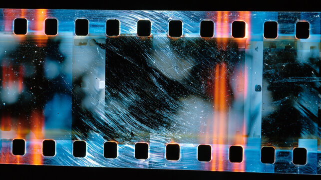 Developed film negative strip laid flat under transmitted backlight, individual silver halide grain structure visible across dense shadow areas, sprocket holes framing mid-roll exposures, acetate ba