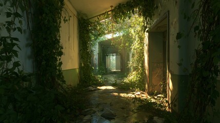 Obraz premium Sunlit Corridor in Abandoned Hospital Reclaimed by Nature with Vivid Greenery and Overgrown Plants