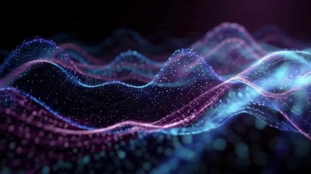 Abstract undulating waves of shimmering blue and purple light particles forming a futuristic digital soundscape with bokeh effects