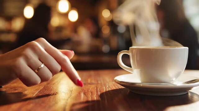 Womans hand with ring and red nails touches wooden table next to steaming coffee cup in cafe.