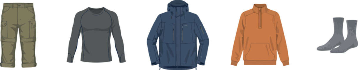 Flat vector illustration of a men outdoor adventure clothing capsule set with khaki cargo pants dark grey base layer blue jacket orange pullover and socks © Armina