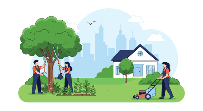 Busy family members perform various yard work tasks like mowing the lawn and pruning trees around their suburban home.