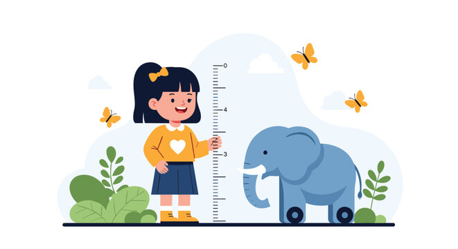 Cute young girl with pigtails measures her height against a wall chart next to a friendly blue toy elephant on wheels.
