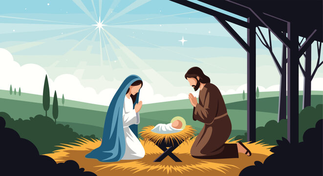 Traditional nativity scene depicts mary and joseph kneeling in prayer beside the baby jesus in a manger under the star.