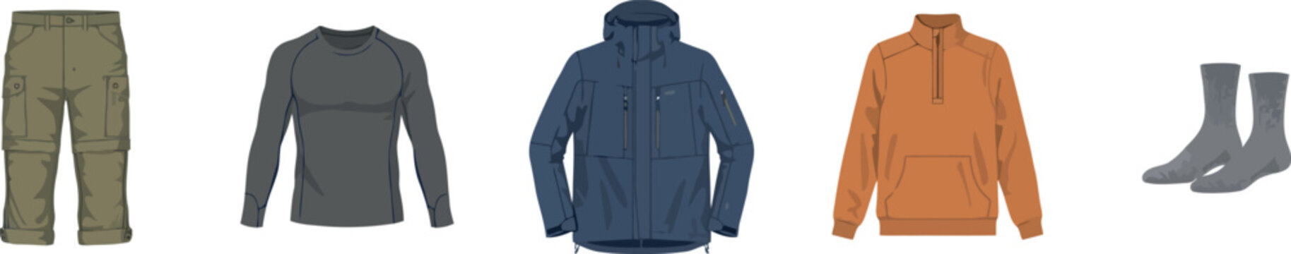 Flat vector illustration of a men outdoor adventure clothing capsule set with khaki cargo pants dark grey base layer blue jacket orange pullover and socks