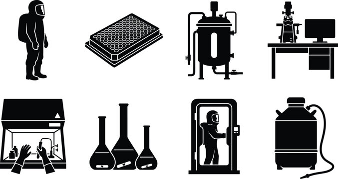 Biotechnology and biohazard laboratory icons set featuring hazmat containment suits bioreactor microscope and microplate elements