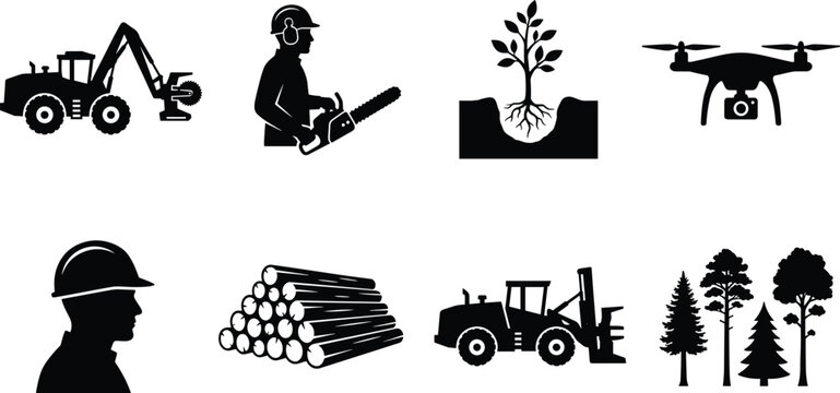 Forestry and logging industry vector icon set with timber harvesting machinery chainsaw worker and reforestation