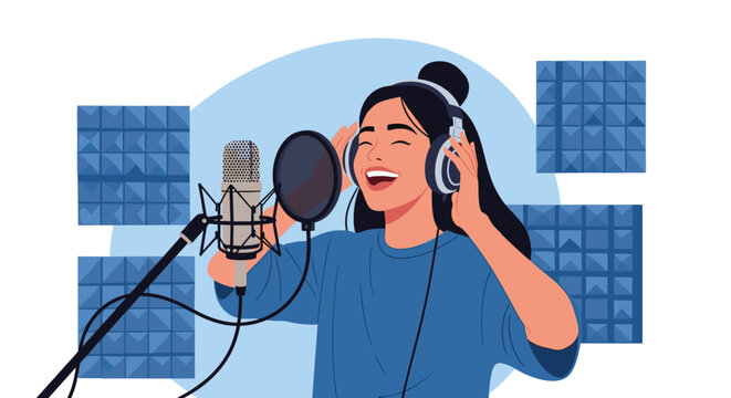 Talented female singer performs with passion into a professional studio microphone while wearing headphones in a booth.