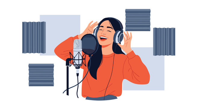 Talented young woman singing into a professional condenser microphone while wearing headphones in a recording studio with acoustic foam panels.