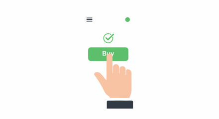 Obraz premium Online Shopping Concept with Hand Clicking Green Buy Button on Smartphone App Interface - Mobile Payment and E-commerce Transaction Illustration