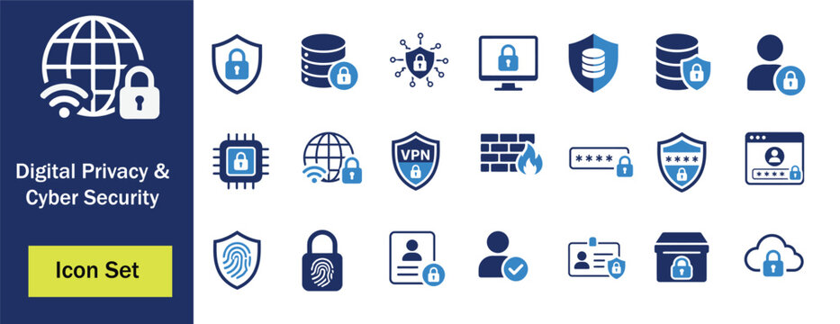 Digital Privacy & Cyber Security Glyph Icons Set &ndash; VPN, Firewall, Cloud Security, Password Protection, Data Encryption, User Authentication Vector Bundle