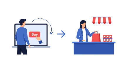 Fototapeta premium Click and Collect Concept Illustration: Buy Online and Pick Up In Store (BOPIS) Omnichannel Retail Strategy and Seamless Customer Journey.