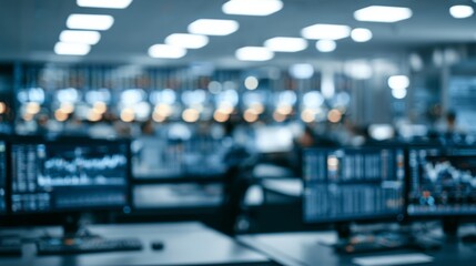 Fototapeta premium Modern Office Environment with Digital Displays for Financial Trading and Data Analysis in a Blurred Perspective