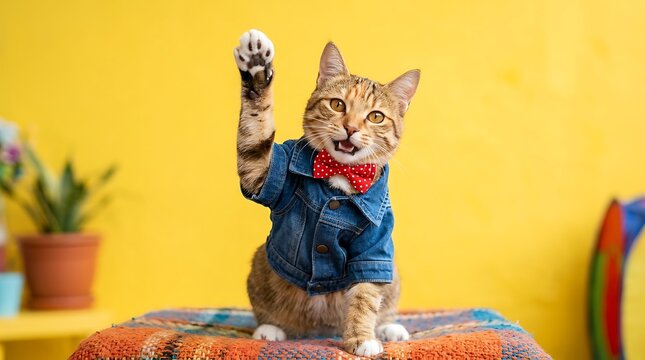 Cute cat in suit waving hand cheerfully on colorful blanket