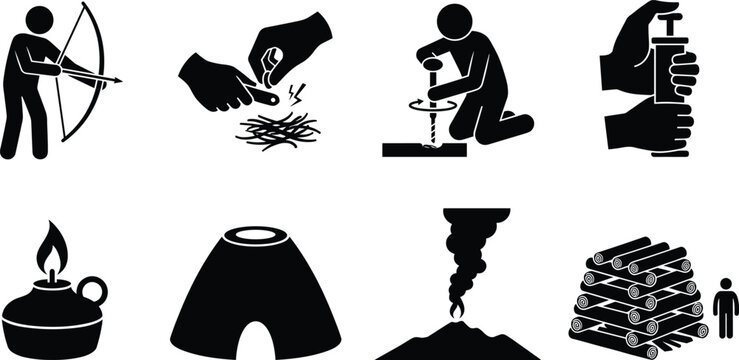 Primitive survival and ancient technology icons set featuring bow hunting hand drill friction fire making and firewood pile