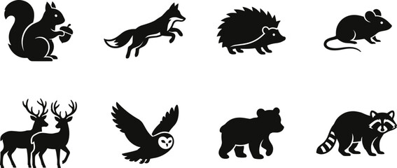 Set of forest animals and woodland wildlife black glyph icons representing northern fauna and nature conservation © SONJOYKUMAR