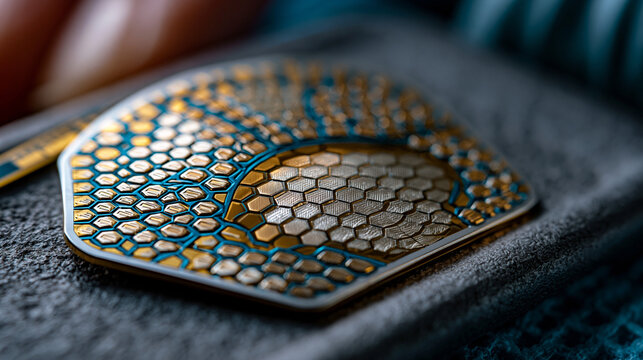 Retinal implant electrode array spread flat against surgical matte tray, platinum microelectrode contacts arranged in precise hexagonal grid, photovoltaic receiver disc gleaming under focused xenon 