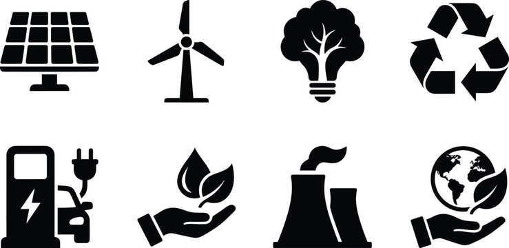 Set of green renewable energy and environmental conservation black glyph icons representing sustainability and ecology technology