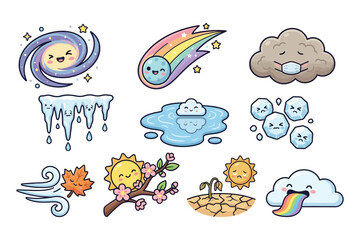 Naklejka premium Cute Weather Climate Space Elements Cartoon Icons Set