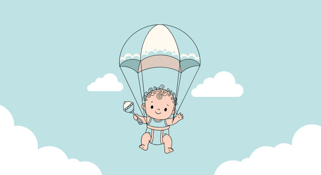 Cute illustrated baby floating in the sky with a parachute and holding a blue rattle while surrounded by soft white clouds.