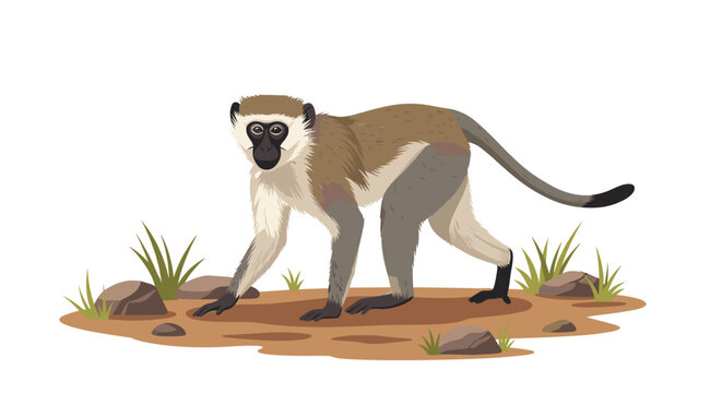Grivet monkey walking on a sandy patch of ground with small rocks and grass in a natural wildlife illustration on a white background.