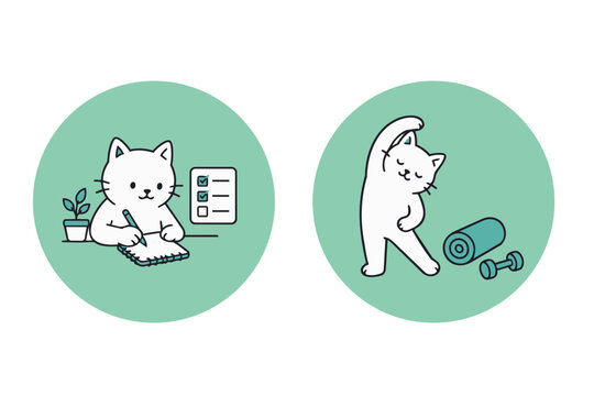 Self care badge icons with cute cat character illustrations doing yoga and journalling a plan 