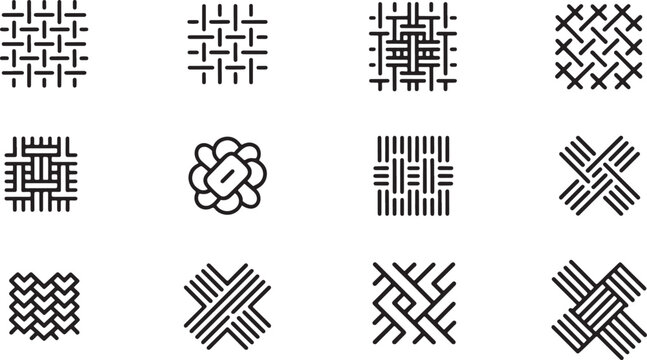 Set of minimalist black and white line depicting various woven patterns and geometric interlace for texture and background applications