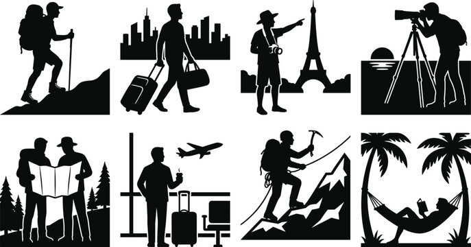 Travel and vacation adventure vector silhouette icon set featuring hiking tourism sightseeing photography map reading airport transit and tropical relaxation