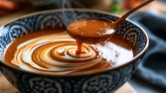 Velvety bisque surface captures slow cream spiral drifting outward from ladle drop center in wide ceramic bowl, steam vapor rising above rich shellfish broth, swirling fat emulsion pattern in warm r