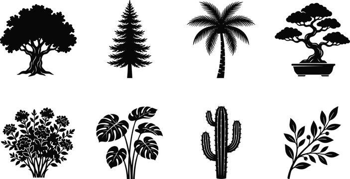Trees and plants vector silhouette icon set featuring oak pine palm bonsai houseplant monstera cactus and olive branch
