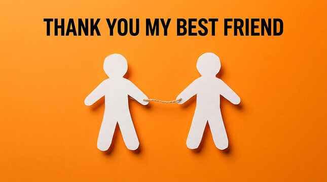 Two paper people holding hands on an orange background with thank you my best friend text message