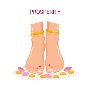 Prosperity concept with human feet wearing golden anklets surrounded by pink petals and gold coins isolated on a clean white background