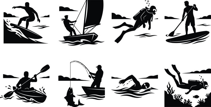 Winter sports and mountain ski resort vector silhouette icon set featuring downhill skiing snowboarding ice skating curling bobsled and snowmobiling