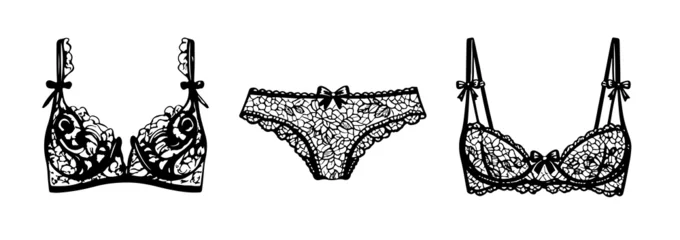 Elegant black lace lingerie set illustration featuring bra and panties with floral lace pattern and bow details. Feminine fashion underwear silhouette isolated on white background, perfect for bridal  © ka_lou