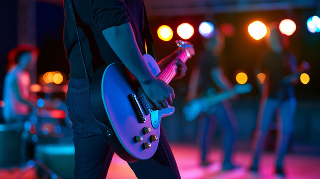 Guitarist performing on stage during a live music concert with colorful lighting, capturing entertainment, energy and musical performance.