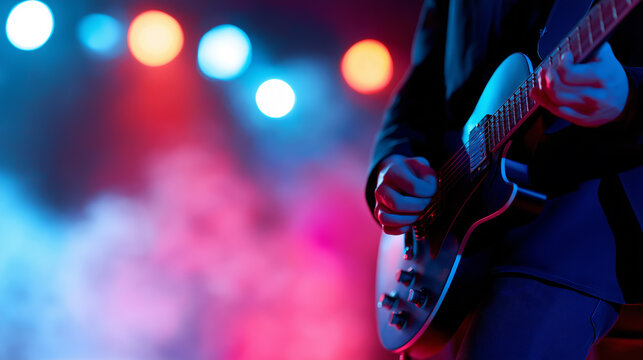 Guitarist performing on stage during a live music concert with colorful lighting, capturing entertainment, energy and musical performance.