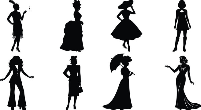 Black silhouette set of women in vintage fashion featuring historical clothing styles from different eras