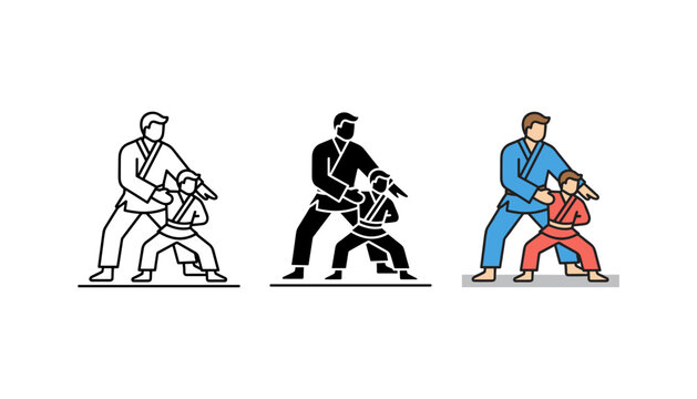 Judo martial arts training vector icons with training exercise practice fighting competition physical grappling wrestling technique activity