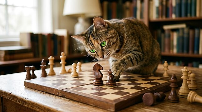 Curious cat watching chess pieces on wooden board indoors