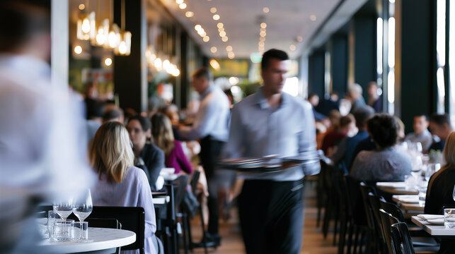 Waiter serving guests in a busy restaurant dining area, capturing hospitality, customer service and a vibrant dining experience.