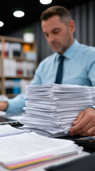 Stressed office worker surrounded by stacks of paperwork, illustrating workload, bureaucracy, administration and business pressure. © Curioso.Photography