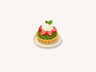 Matcha Strawberry Tart with Whipped Cream and Mint Leaf Vector © Akasha Design