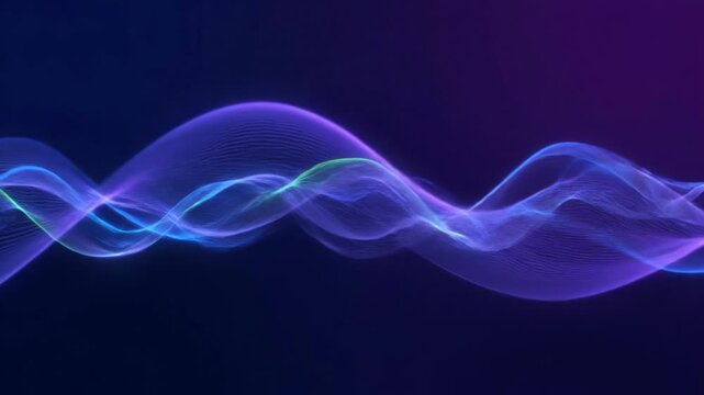 Abstract glowing waves flow across a dark, gradient background. This digital visualization represents sound or data.