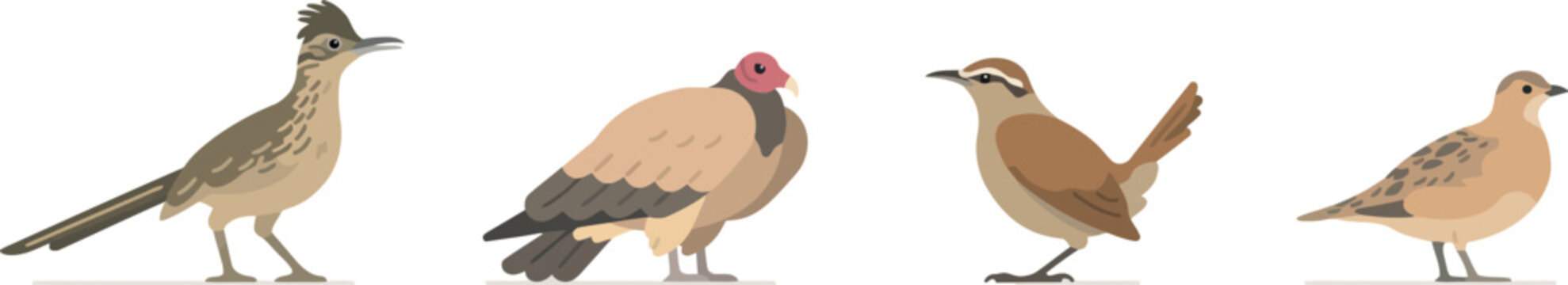 Flat vector illustration of desert bird species set including greater roadrunner turkey vulture cactus wren and mourning dove isolated on white