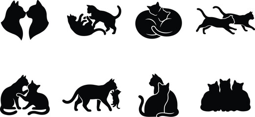 Black silhouette vector set of interacting cats featuring felines playing, cuddling, kissing, and mother with kitten © Mokbul