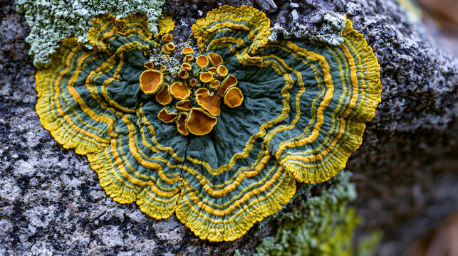 Xanthoparmelia lichen crust encrusting granite boulder surface, thallus lobes overlapping in concentric radial growth pattern, apothecia fruiting disc structures visible, macro geological-botanical 