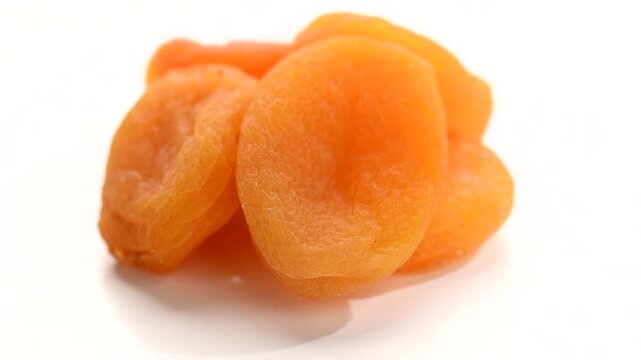 Dried apricots close-up. Apricot dried fruits isolated on white background. Heap of ripe organic Apricots fruit rotating. Close up. Heap of dried apricot. Vegan food, macro shoot.